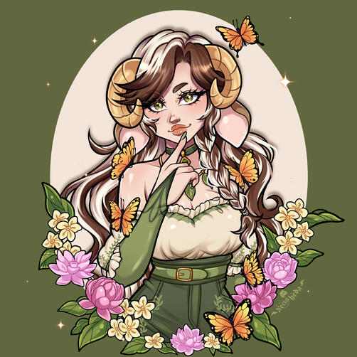 Sunny, surrounded by flowers and butterflies.