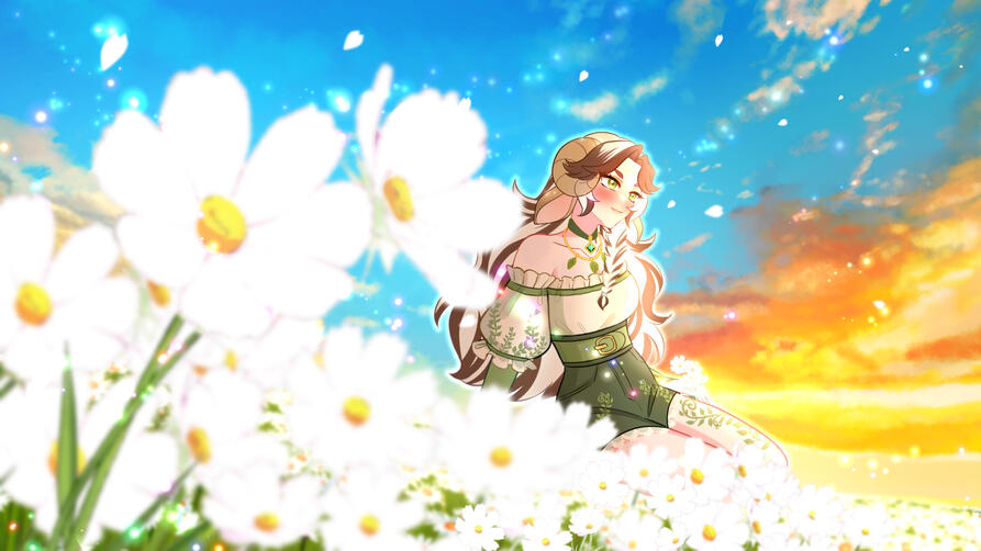 Sunny, sitting in a field of daisies with the sun setting.