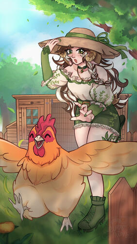 Sunny chasing Judy, who has escaped from the coop.